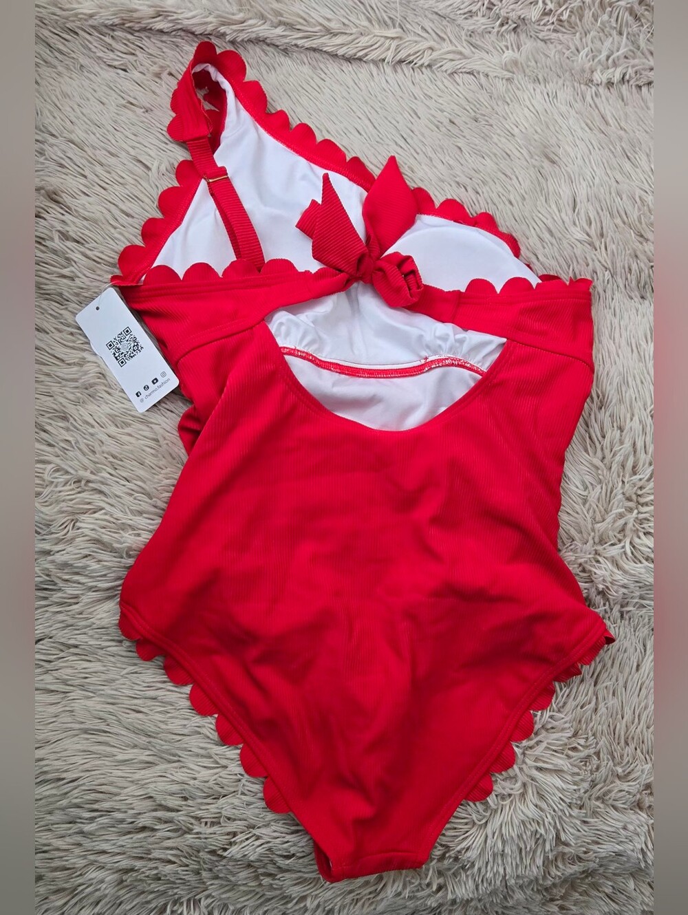 One-Shoulder Red Scallop Edge One-Piece Swimsuit #1300 - Picture 3 of 6